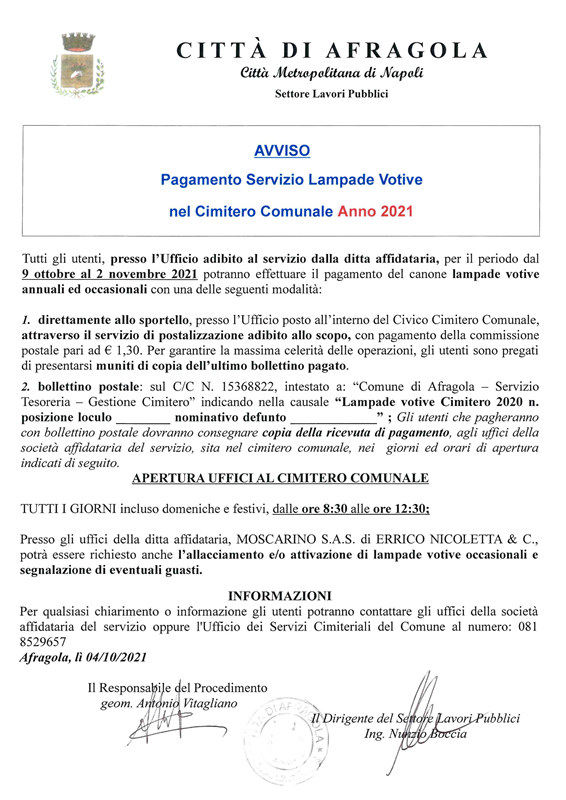 Avviso lampade votive occasionali 2021