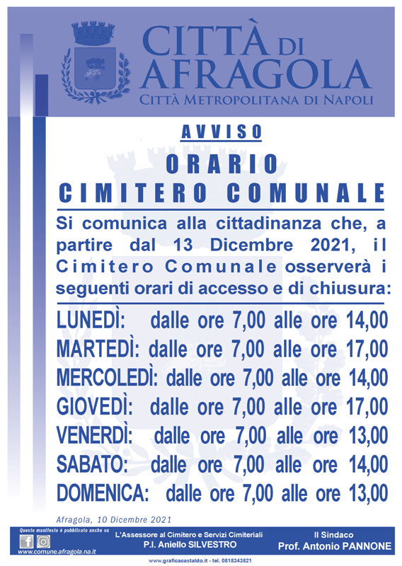 Orario accesso cimitero dicembre 2021