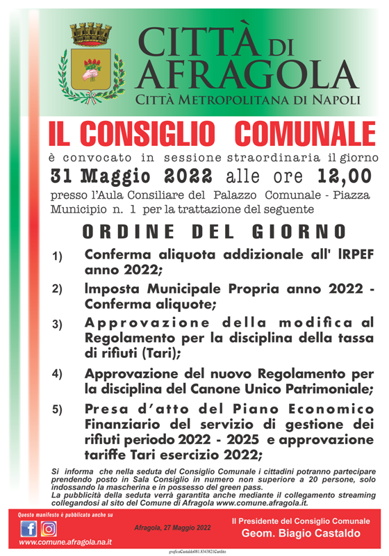 Maifesto consiglio comunale del 31 maggio 2022