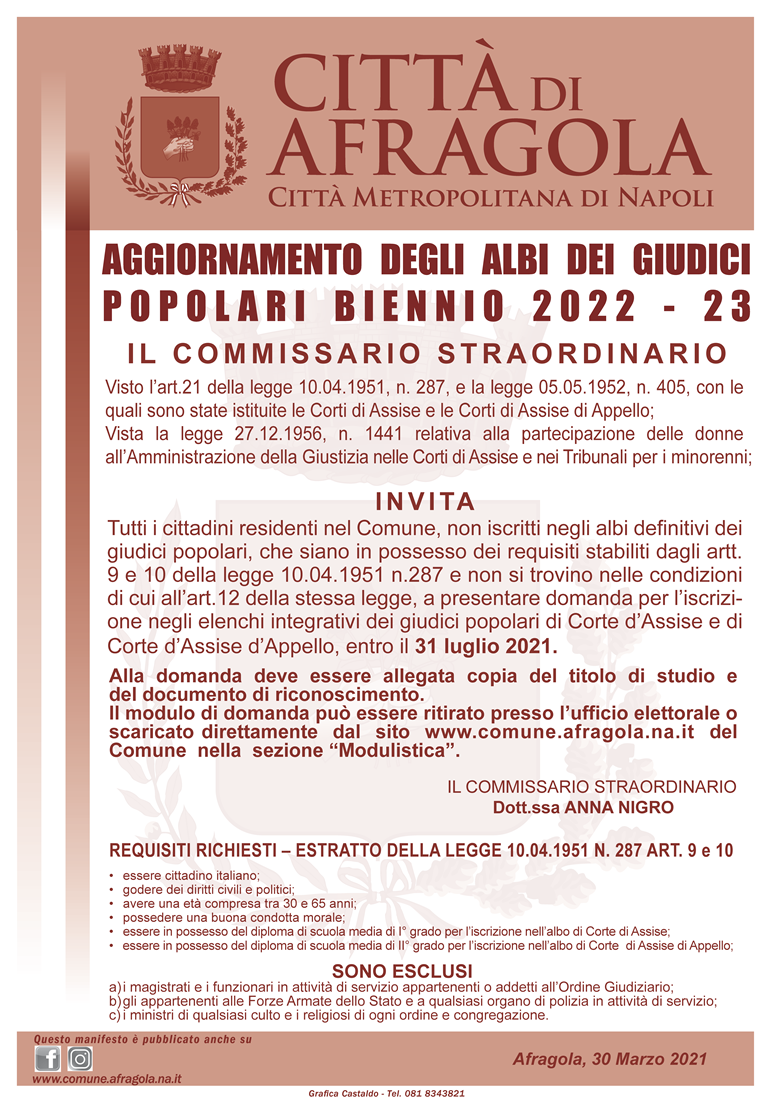 Aggiornamento degli albi giudici popolari Marzo 2021