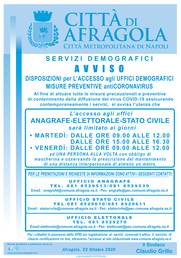 Orari apertura al pubblico servizi demografici ottobre 2020