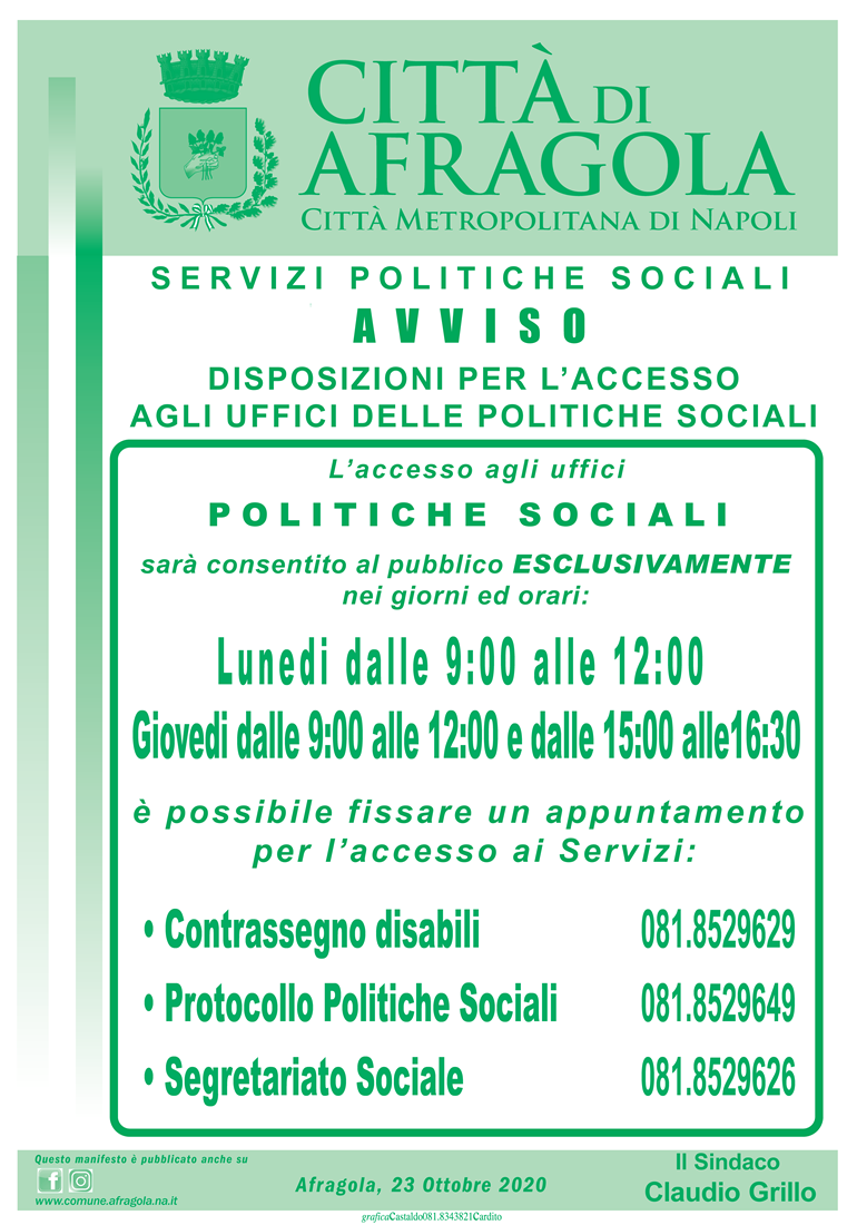 Orari apertura al pubblico servizi politiche sociali ottobre 2020