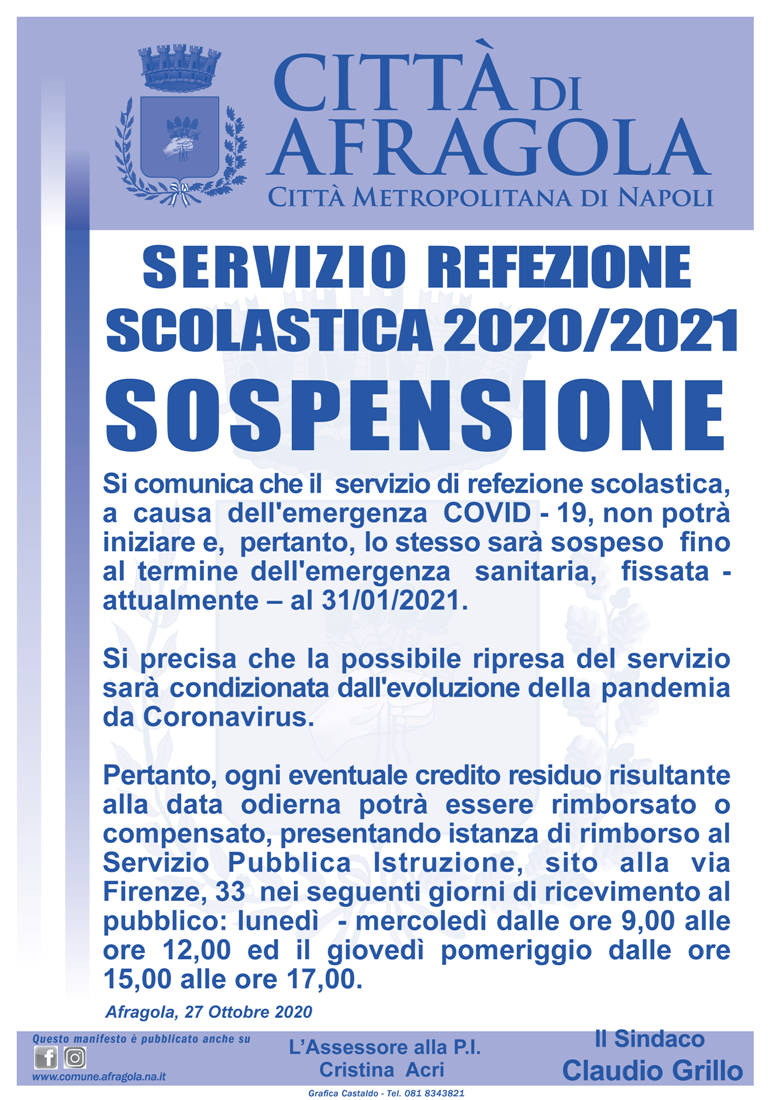 Sospensione Mensa scolastica ottobre 2020