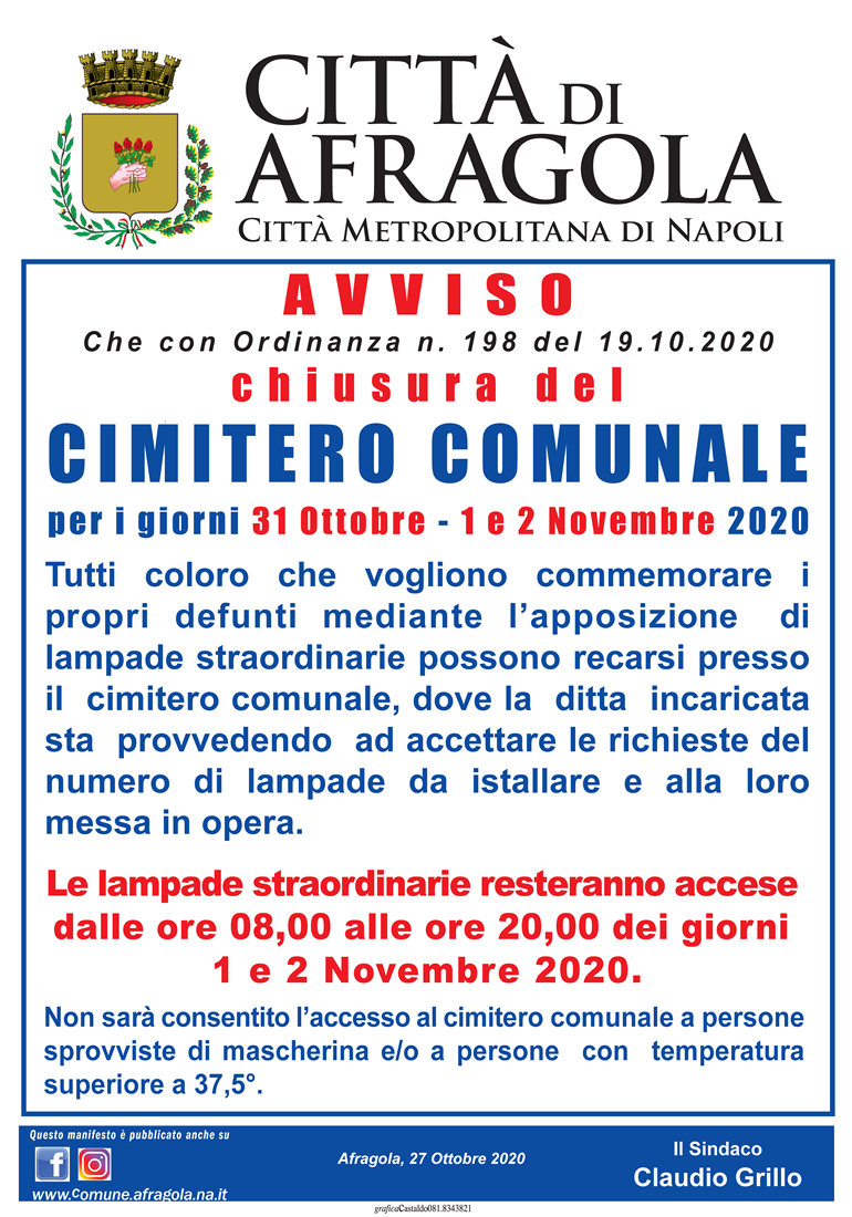 Avviso cimitero per lampade votive ottobre 2020